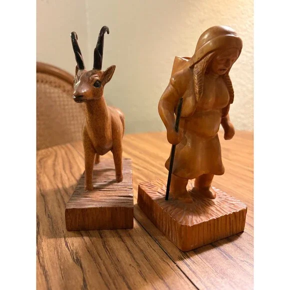 2x BLACK FOREST VINTAGE Hand Carved Wood Set Chamois Goat Tyrolean Woman Alpine
